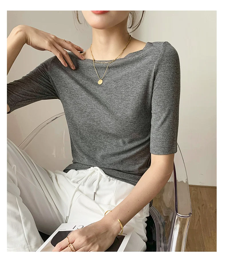 Summer New Women Knitted Cotton Elegant Slash Neck Crop Tops Half Sleeve Slim Casual Temperament Cozy Undershirts Blouses