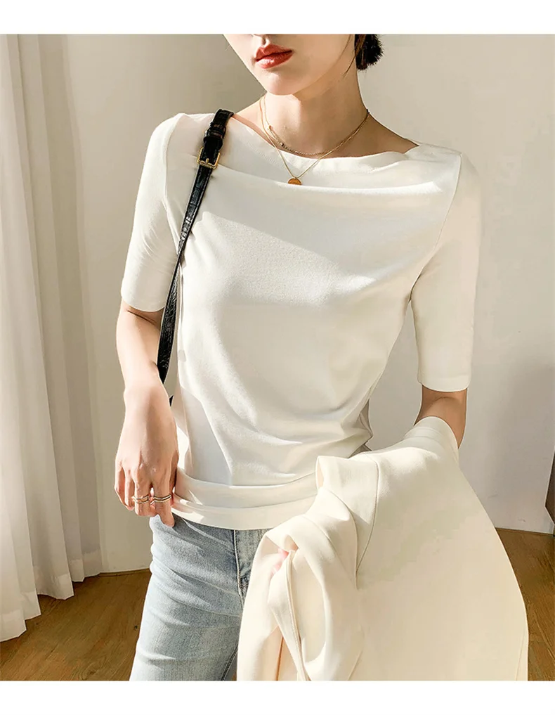 Summer New Women Knitted Cotton Elegant Slash Neck Crop Tops Half Sleeve Slim Casual Temperament Cozy Undershirts Blouses