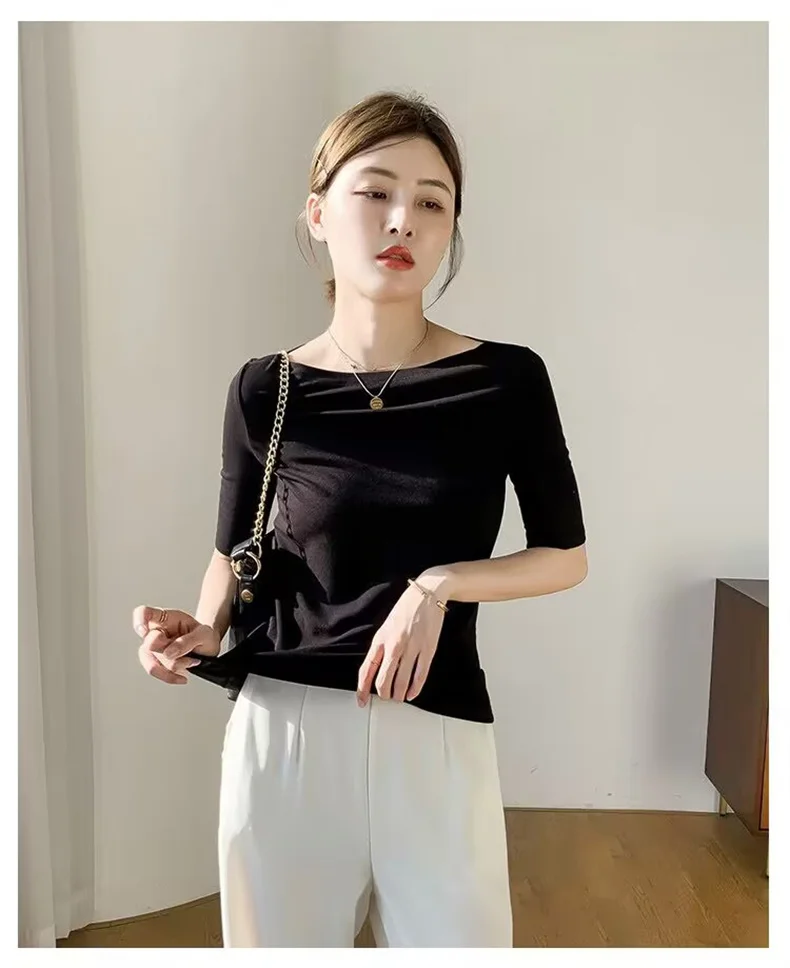 Summer New Women Knitted Cotton Elegant Slash Neck Crop Tops Half Sleeve Slim Casual Temperament Cozy Undershirts Blouses