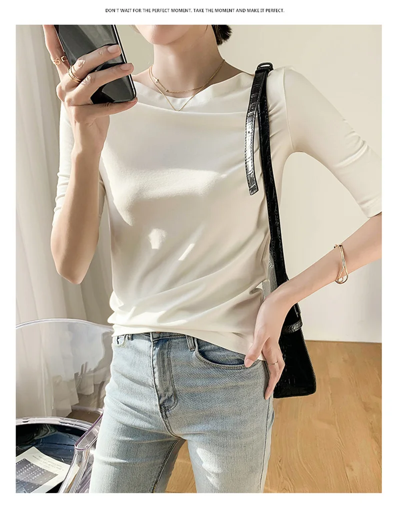 Summer New Women Knitted Cotton Elegant Slash Neck Crop Tops Half Sleeve Slim Casual Temperament Cozy Undershirts Blouses