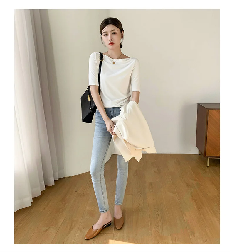 Summer New Women Knitted Cotton Elegant Slash Neck Crop Tops Half Sleeve Slim Casual Temperament Cozy Undershirts Blouses