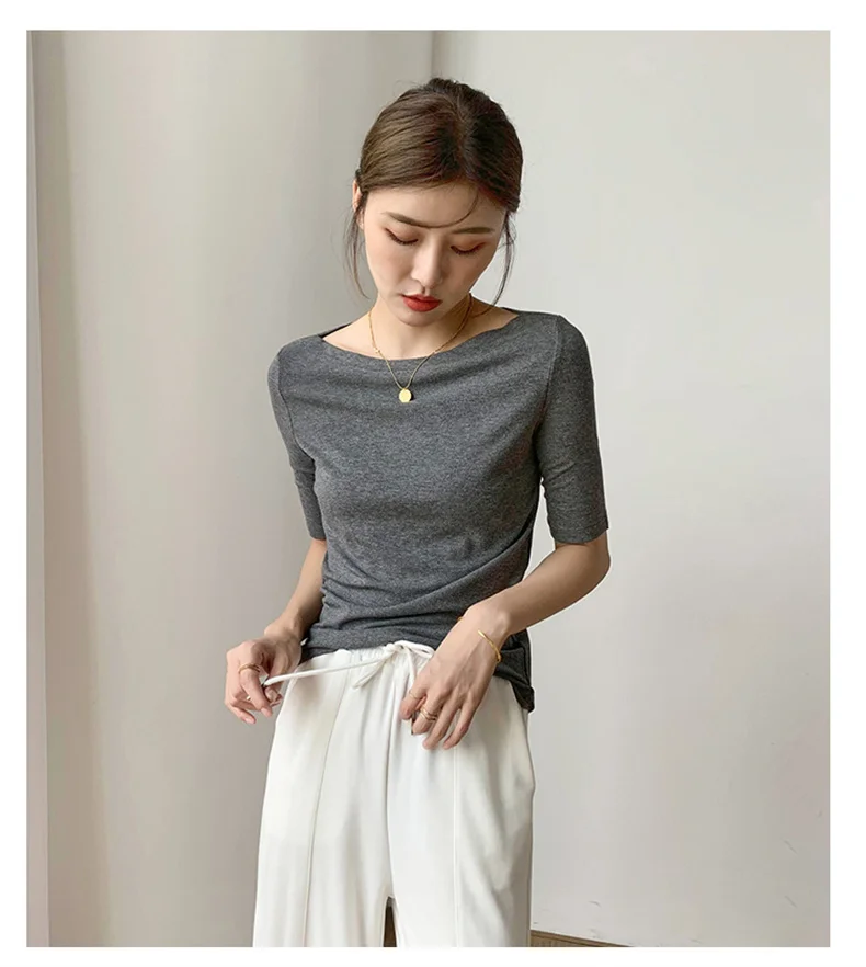 Summer New Women Knitted Cotton Elegant Slash Neck Crop Tops Half Sleeve Slim Casual Temperament Cozy Undershirts Blouses
