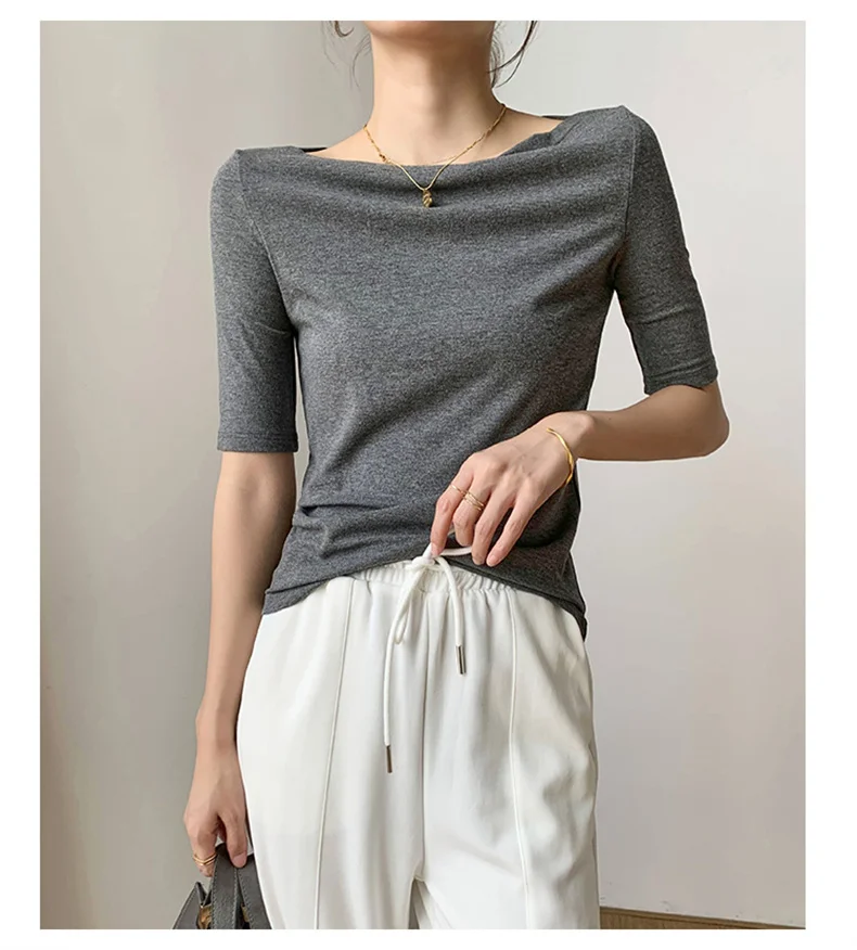 Summer New Women Knitted Cotton Elegant Slash Neck Crop Tops Half Sleeve Slim Casual Temperament Cozy Undershirts Blouses