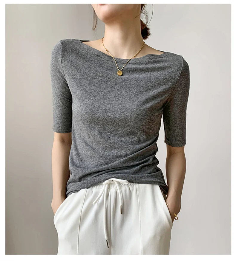 Summer New Women Knitted Cotton Elegant Slash Neck Crop Tops Half Sleeve Slim Casual Temperament Cozy Undershirts Blouses
