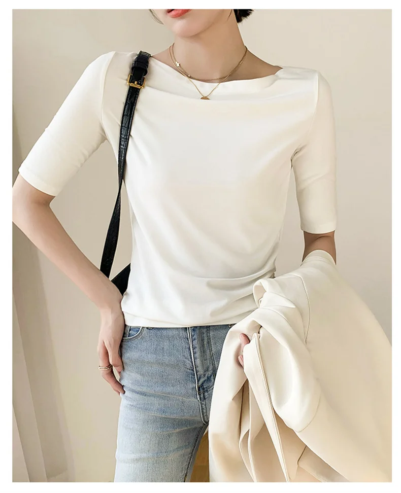 Summer New Women Knitted Cotton Elegant Slash Neck Crop Tops Half Sleeve Slim Casual Temperament Cozy Undershirts Blouses