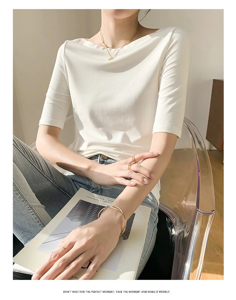 Summer New Women Knitted Cotton Elegant Slash Neck Crop Tops Half Sleeve Slim Casual Temperament Cozy Undershirts Blouses