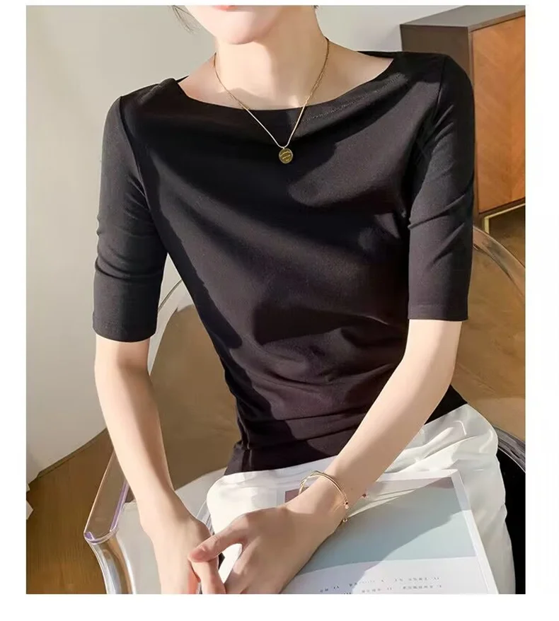 Summer New Women Knitted Cotton Elegant Slash Neck Crop Tops Half Sleeve Slim Casual Temperament Cozy Undershirts Blouses