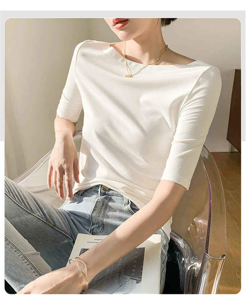 Summer New Women Knitted Cotton Elegant Slash Neck Crop Tops Half Sleeve Slim Casual Temperament Cozy Undershirts Blouses