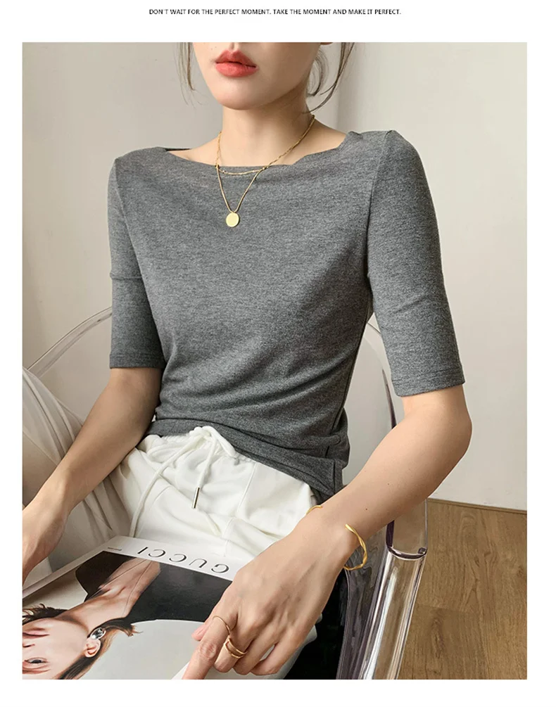 Summer New Women Knitted Cotton Elegant Slash Neck Crop Tops Half Sleeve Slim Casual Temperament Cozy Undershirts Blouses