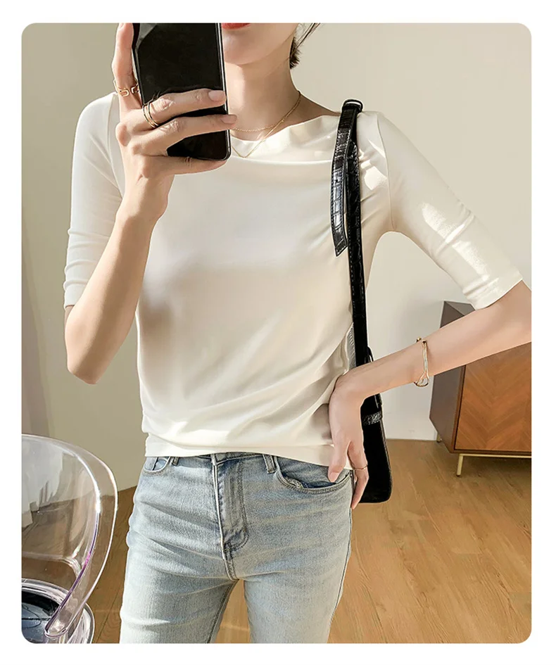 Summer New Women Knitted Cotton Elegant Slash Neck Crop Tops Half Sleeve Slim Casual Temperament Cozy Undershirts Blouses