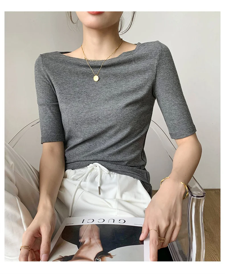 Summer New Women Knitted Cotton Elegant Slash Neck Crop Tops Half Sleeve Slim Casual Temperament Cozy Undershirts Blouses