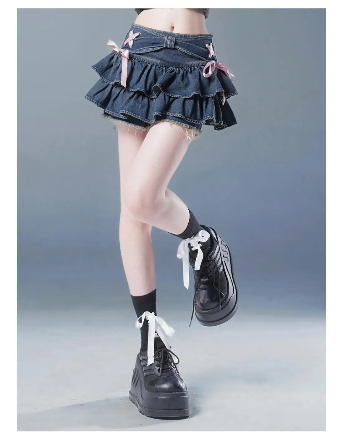 Women Blue Denim Pleated Skirt Bow Harajuku A-Line Patchwork Cute Sexy Skirts Kawaii Ruffles Waist Korean Hotsweet Jeans Skirt