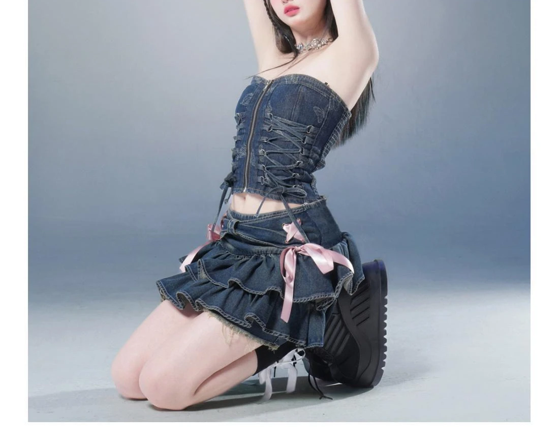 Women Blue Denim Pleated Skirt Bow Harajuku A-Line Patchwork Cute Sexy Skirts Kawaii Ruffles Waist Korean Hotsweet Jeans Skirt