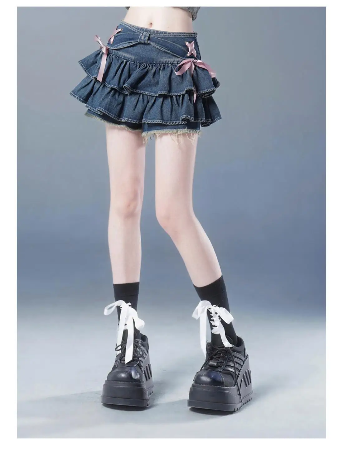 Women Blue Denim Pleated Skirt Bow Harajuku A-Line Patchwork Cute Sexy Skirts Kawaii Ruffles Waist Korean Hotsweet Jeans Skirt