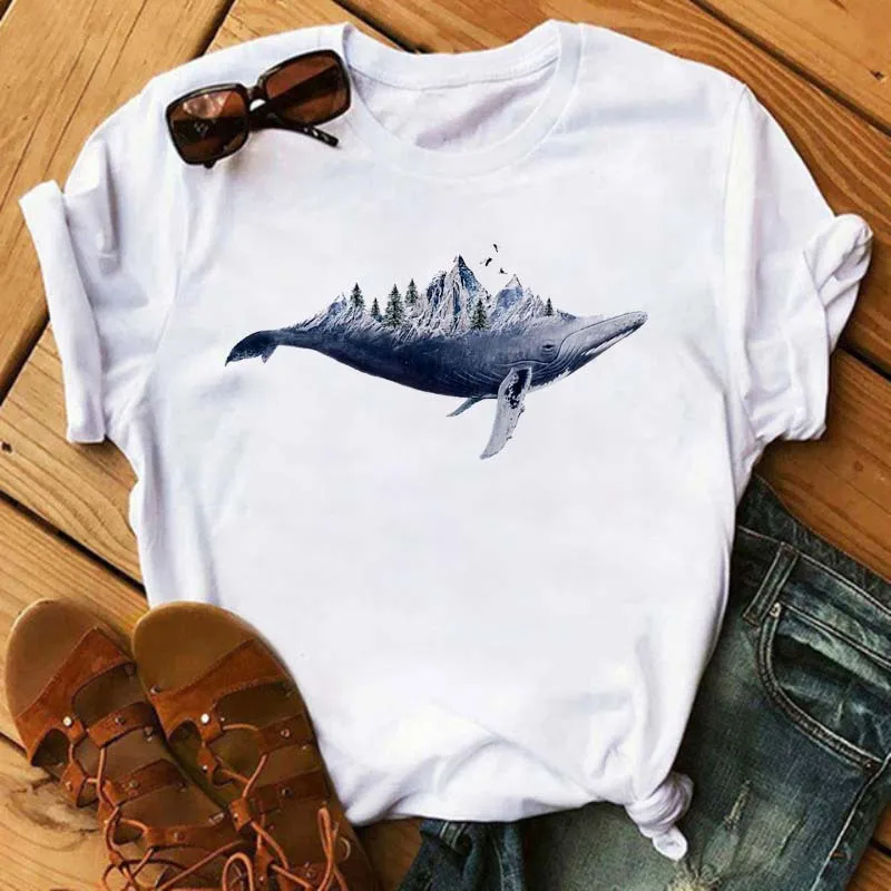 Women's Simple T-shirt Half Sleeve Colorful Flower Butterfly Art Feather Print Short Sleeve T-shirt Tops Oversized T Shirt