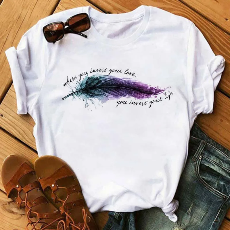 Women's Simple T-shirt Half Sleeve Colorful Flower Butterfly Art Feather Print Short Sleeve T-shirt Tops Oversized T Shirt