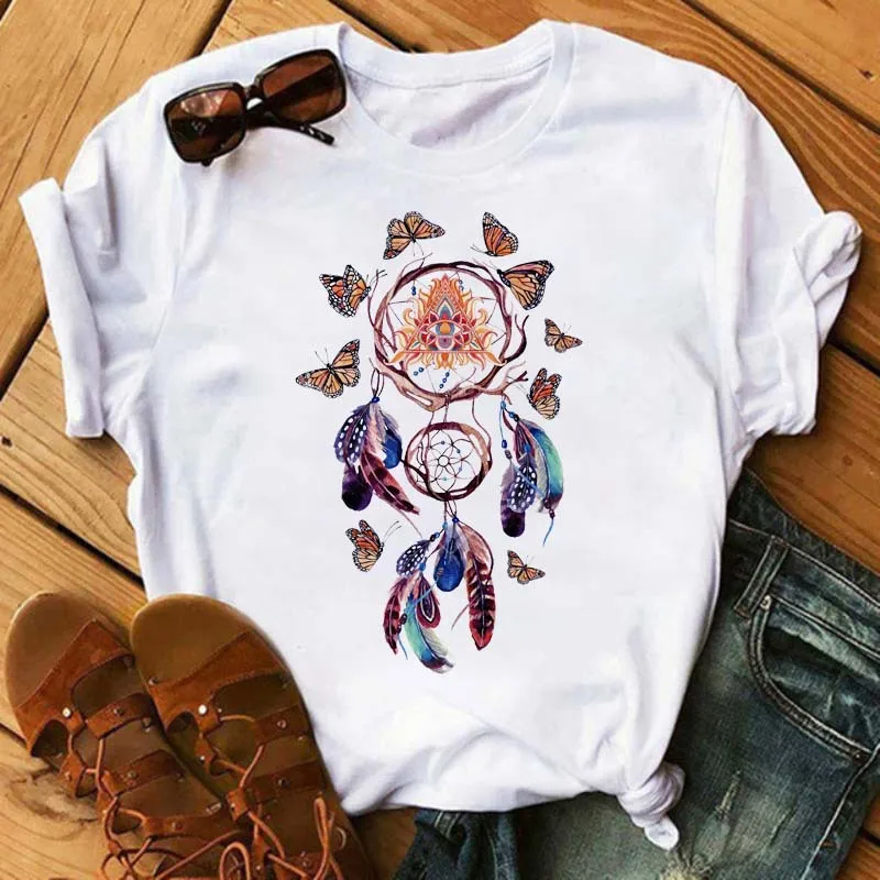 Women's Simple T-shirt Half Sleeve Colorful Flower Butterfly Art Feather Print Short Sleeve T-shirt Tops Oversized T Shirt