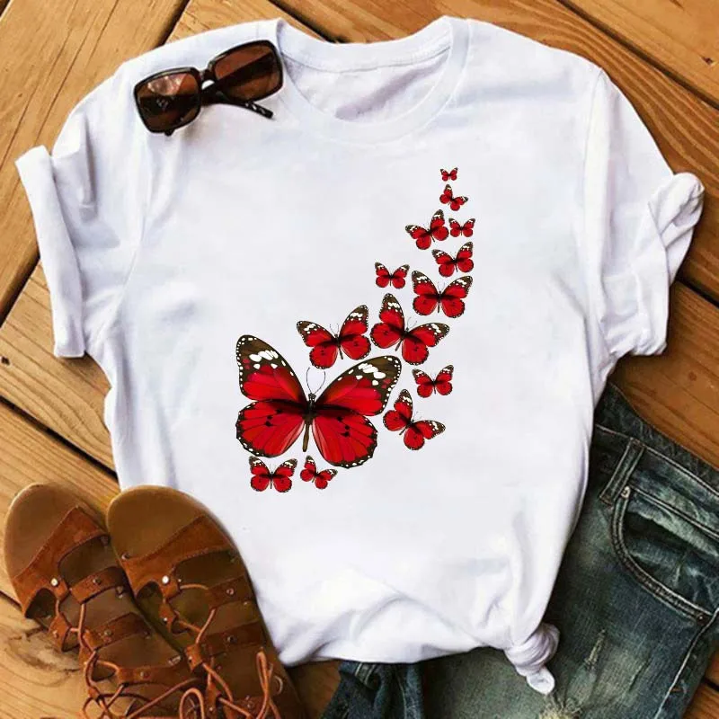 Women's Simple T-shirt Half Sleeve Colorful Flower Butterfly Art Feather Print Short Sleeve T-shirt Tops Oversized T Shirt
