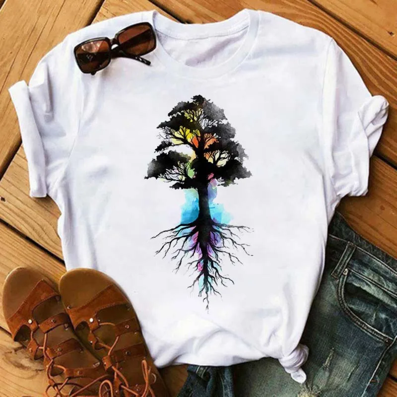 Women's Simple T-shirt Half Sleeve Colorful Flower Butterfly Art Feather Print Short Sleeve T-shirt Tops Oversized T Shirt