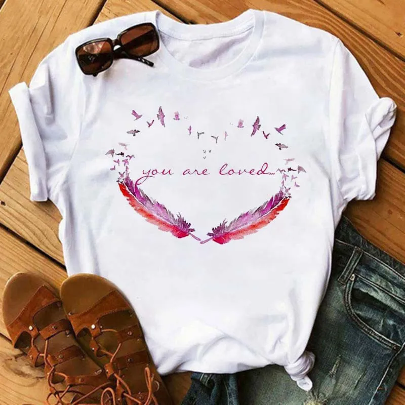 Women's Simple T-shirt Half Sleeve Colorful Flower Butterfly Art Feather Print Short Sleeve T-shirt Tops Oversized T Shirt