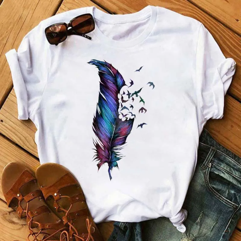 Women's Simple T-shirt Half Sleeve Colorful Flower Butterfly Art Feather Print Short Sleeve T-shirt Tops Oversized T Shirt