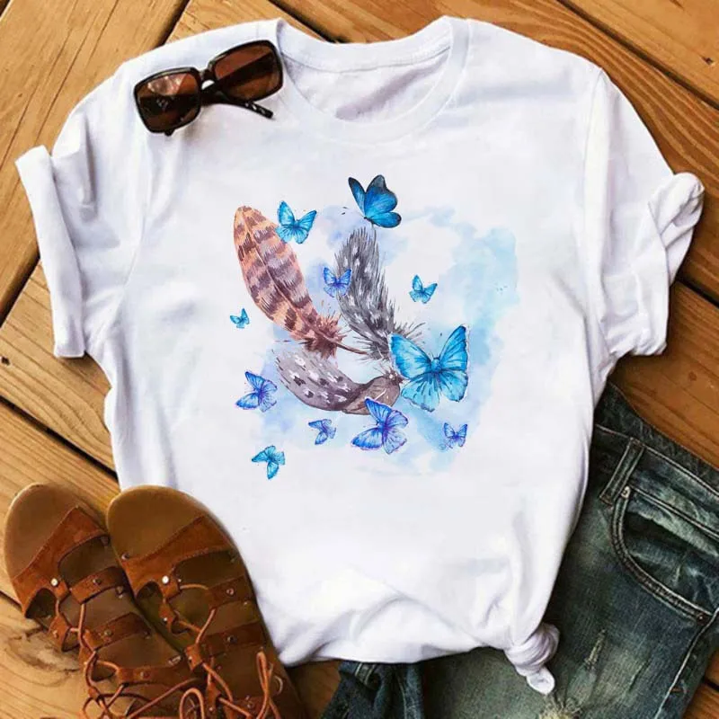 Women's Simple T-shirt Half Sleeve Colorful Flower Butterfly Art Feather Print Short Sleeve T-shirt Tops Oversized T Shirt
