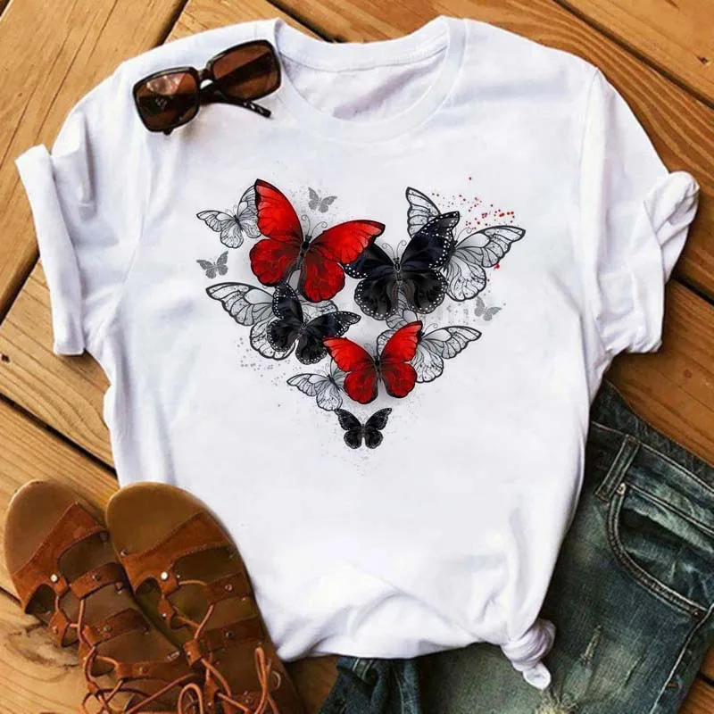 Women's Simple T-shirt Half Sleeve Colorful Flower Butterfly Art Feather Print Short Sleeve T-shirt Tops Oversized T Shirt