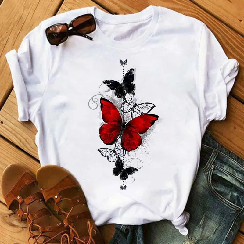 Women's Simple T-shirt Half Sleeve Colorful Flower Butterfly Art Feather Print Short Sleeve T-shirt Tops Oversized T Shirt