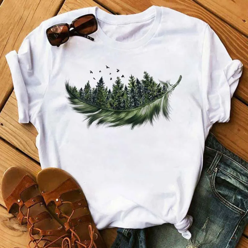Women's Simple T-shirt Half Sleeve Colorful Flower Butterfly Art Feather Print Short Sleeve T-shirt Tops Oversized T Shirt