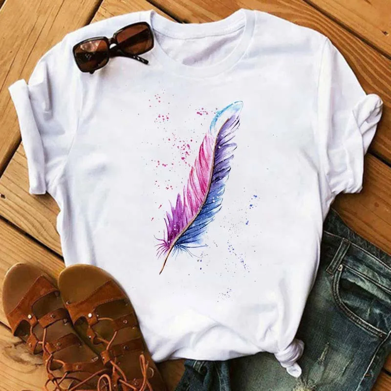 Women's Simple T-shirt Half Sleeve Colorful Flower Butterfly Art Feather Print Short Sleeve T-shirt Tops Oversized T Shirt