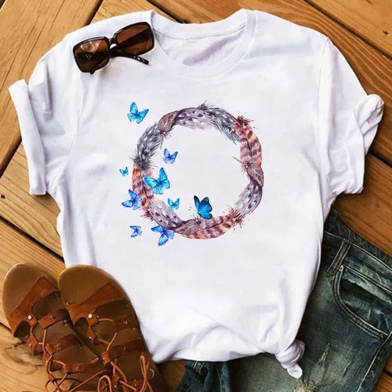 Women's Simple T-shirt Half Sleeve Colorful Flower Butterfly Art Feather Print Short Sleeve T-shirt Tops Oversized T Shirt