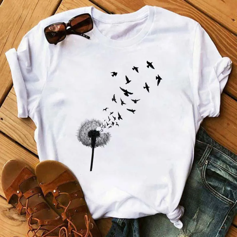 Women's Simple T-shirt Half Sleeve Colorful Flower Butterfly Art Feather Print Short Sleeve T-shirt Tops Oversized T Shirt