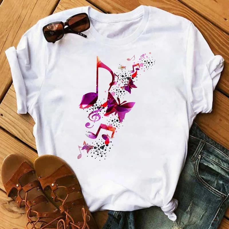 Women's Simple T-shirt Half Sleeve Colorful Flower Butterfly Art Feather Print Short Sleeve T-shirt Tops Oversized T Shirt