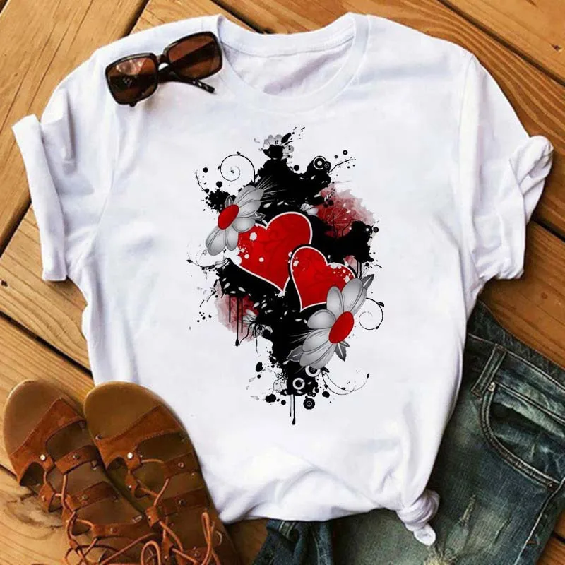 Women's Simple T-shirt Half Sleeve Colorful Flower Butterfly Art Feather Print Short Sleeve T-shirt Tops Oversized T Shirt