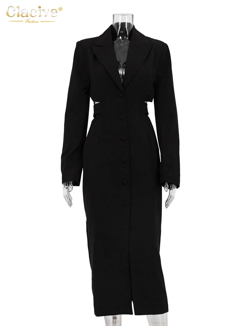 Clacive Fashion Slim Black Women's Dress 2024 Elegant Lapel Long Sleeve Office Ankle Length Dresses Casual Classic Female Dress