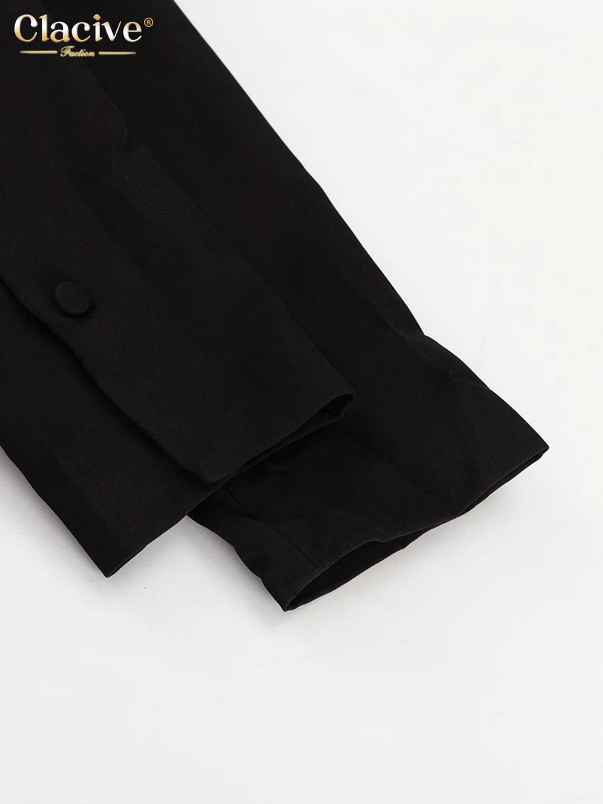 Clacive Fashion Slim Black Women's Dress 2024 Elegant Lapel Long Sleeve Office Ankle Length Dresses Casual Classic Female Dress