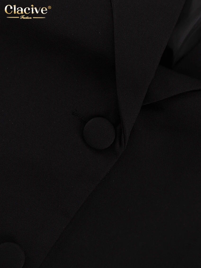 Clacive Fashion Slim Black Women's Dress 2024 Elegant Lapel Long Sleeve Office Ankle Length Dresses Casual Classic Female Dress