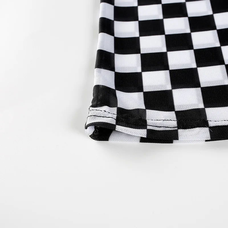 Sexy black white plaid checkerboard t-shirts for women Hollow out slim top female t-shirt long sleeve tee shirts