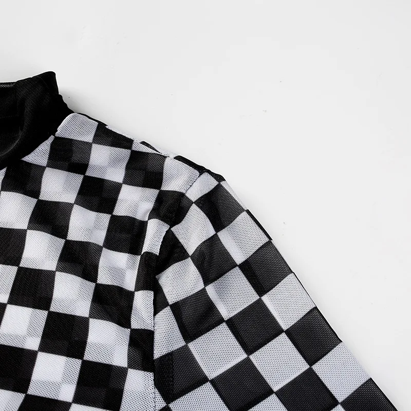 Sexy black white plaid checkerboard t-shirts for women Hollow out slim top female t-shirt long sleeve tee shirts