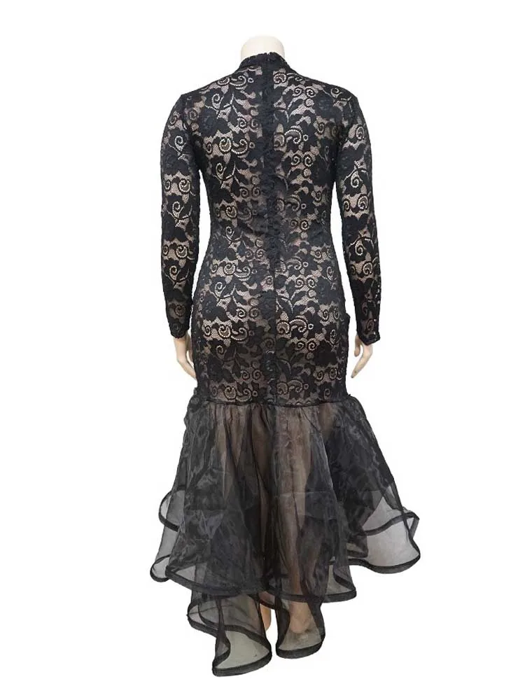 Lace Sleeve Evening Dresses Women Sexy and Elegant Mesh Hollow Package Hip Dress Night Club Party Autumn Long Dress Plus Size