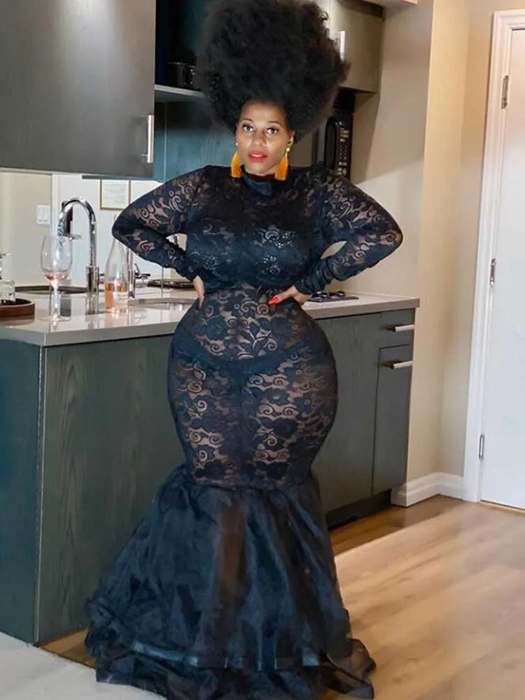Lace Sleeve Evening Dresses Women Sexy and Elegant Mesh Hollow Package Hip Dress Night Club Party Autumn Long Dress Plus Size