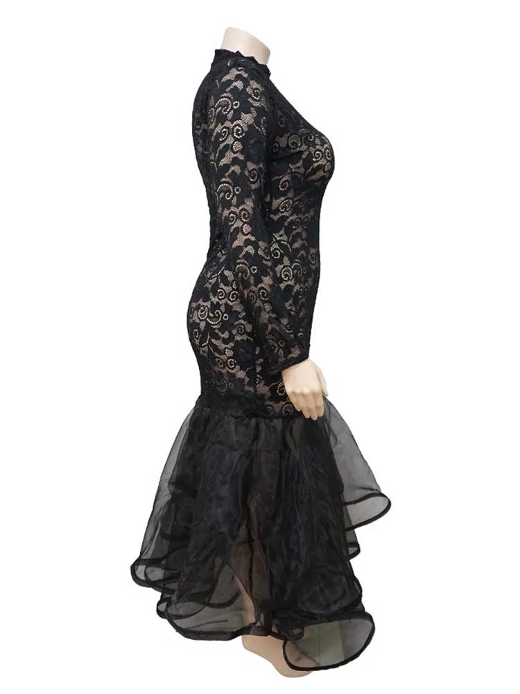 Lace Sleeve Evening Dresses Women Sexy and Elegant Mesh Hollow Package Hip Dress Night Club Party Autumn Long Dress Plus Size