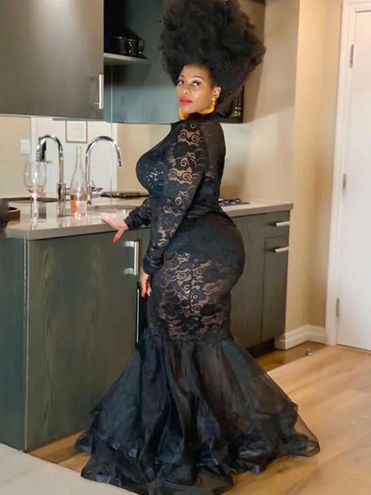 Lace Sleeve Evening Dresses Women Sexy and Elegant Mesh Hollow Package Hip Dress Night Club Party Autumn Long Dress Plus Size