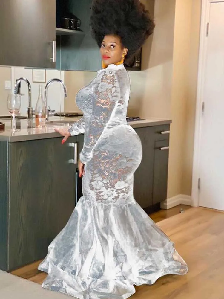 Lace Sleeve Evening Dresses Women Sexy and Elegant Mesh Hollow Package Hip Dress Night Club Party Autumn Long Dress Plus Size
