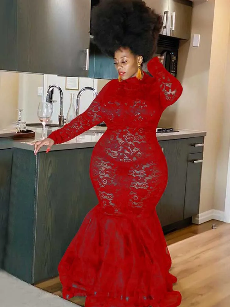 Lace Sleeve Evening Dresses Women Sexy and Elegant Mesh Hollow Package Hip Dress Night Club Party Autumn Long Dress Plus Size