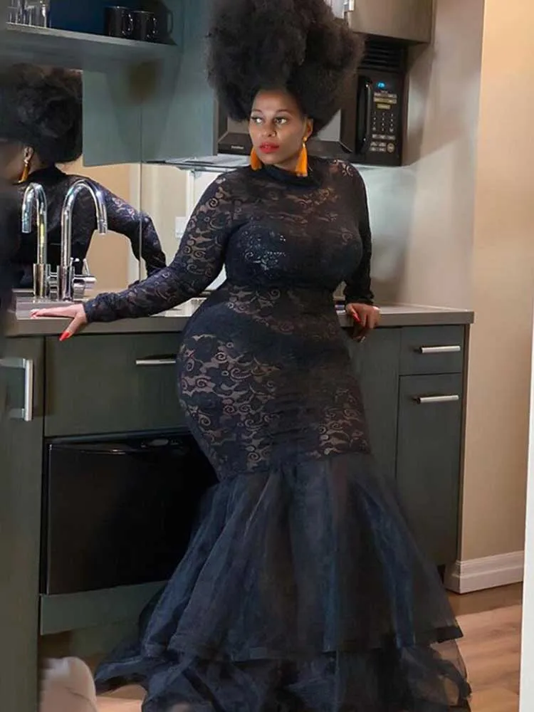 Lace Sleeve Evening Dresses Women Sexy and Elegant Mesh Hollow Package Hip Dress Night Club Party Autumn Long Dress Plus Size