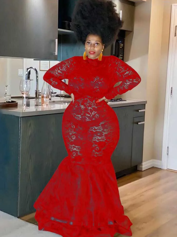 Lace Sleeve Evening Dresses Women Sexy and Elegant Mesh Hollow Package Hip Dress Night Club Party Autumn Long Dress Plus Size
