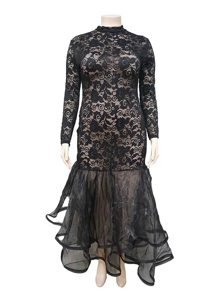 Lace Sleeve Evening Dresses Women Sexy and Elegant Mesh Hollow Package Hip Dress Night Club Party Autumn Long Dress Plus Size
