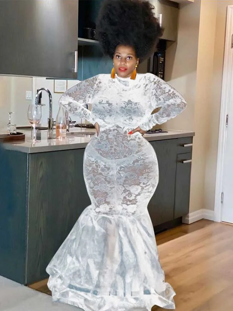 Lace Sleeve Evening Dresses Women Sexy and Elegant Mesh Hollow Package Hip Dress Night Club Party Autumn Long Dress Plus Size
