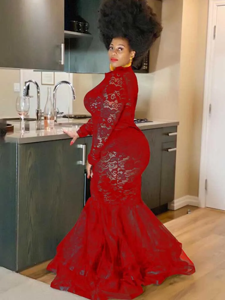Lace Sleeve Evening Dresses Women Sexy and Elegant Mesh Hollow Package Hip Dress Night Club Party Autumn Long Dress Plus Size